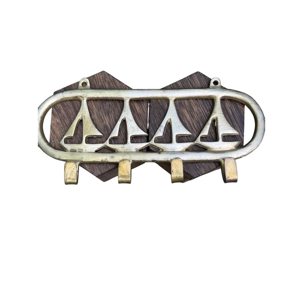 Key Hanger Wall Hooks 1970s Retro Solid Brass Sailboat Nautical Beach House Gold